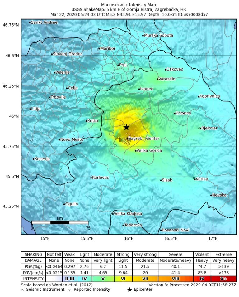 USGS karta intenziteta potresa u Zagrebu 22. marta 2020.