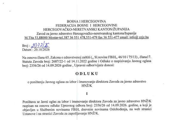 Zavod za javno zdravstvo HNK poništio konkurs za izbor direktora
